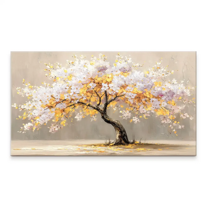 Wide view of a gold leaf tree canvas with white and golden-yellow blossoms against a soft beige background.