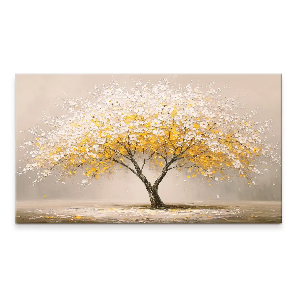 Close-up of the golden tree canvas showing vibrant yellow and white blossoms with thick impasto brushwork.