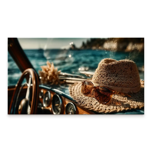 Straw hat and sunglasses on a polished wooden boat dashboard