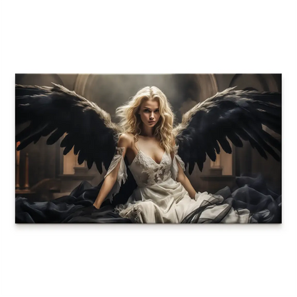Blonde woman with large black wings wearing a white dress, facing the viewer against a moody architectural backdrop.
