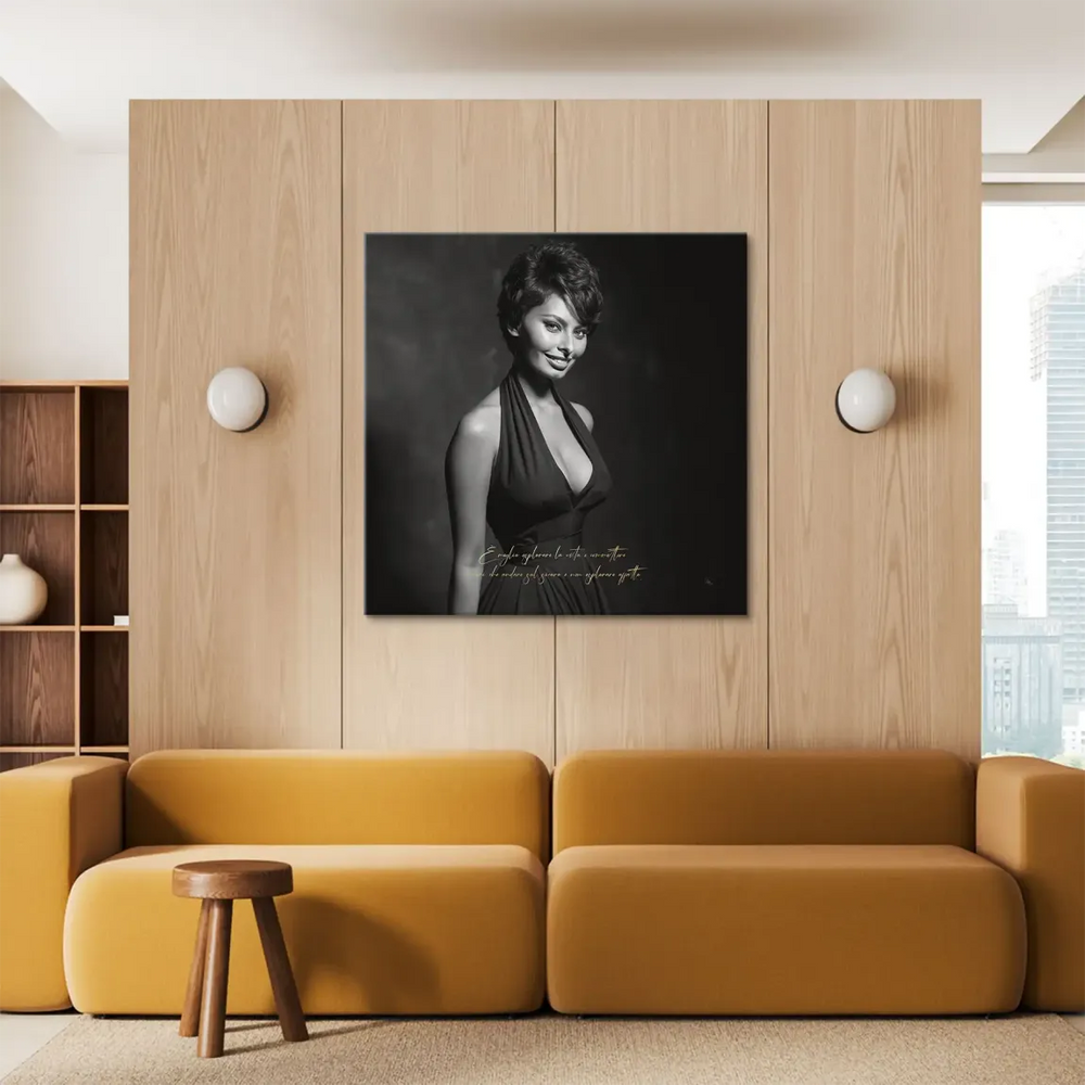 Sophia Loren wall art on canvas emphasizing short hairstyle and elegant halter-neck dress in monochrome.