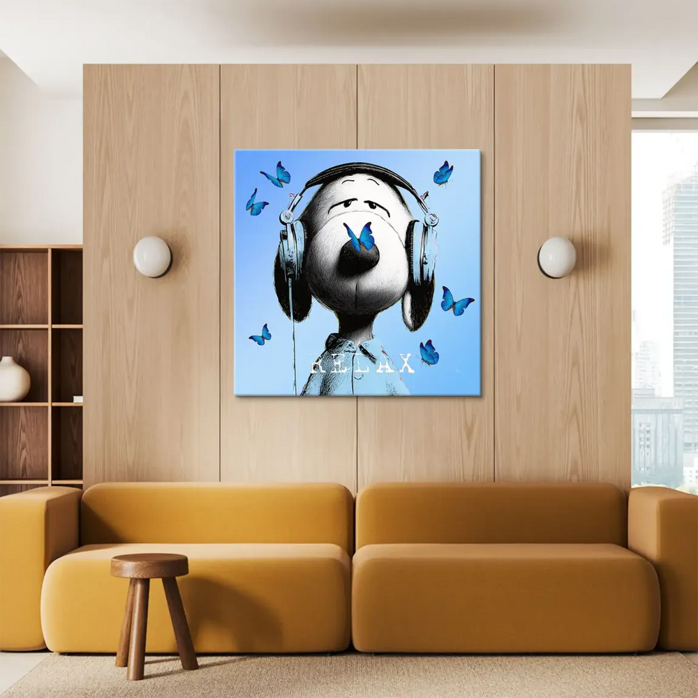 Snoopy wearing headphones with bright blue butterflies around him