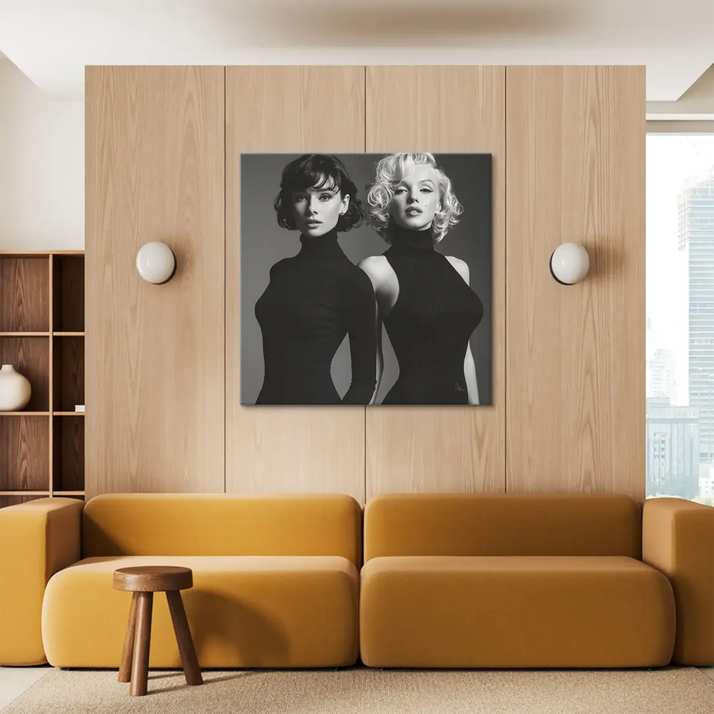 High-contrast monochrome artwork highlighting classic Hollywood glamour.