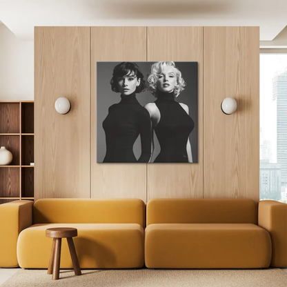 High-contrast monochrome artwork highlighting classic Hollywood glamour.