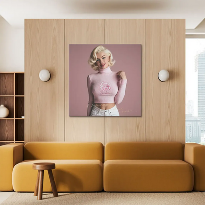 Half-body portrait of a blonde in pink tones on a pink background with white jeans