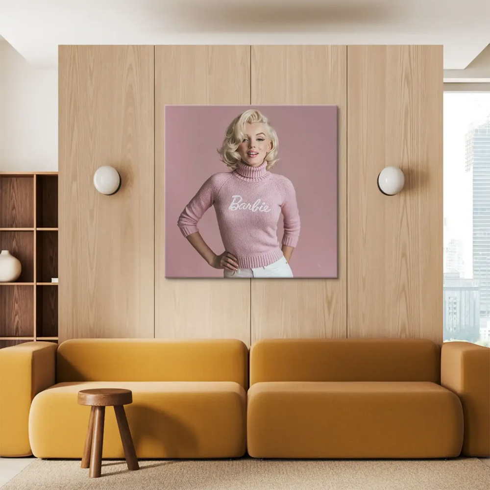 Glamorous pop art wall decor featuring Marilyn Monroe Barbie on pink canvas