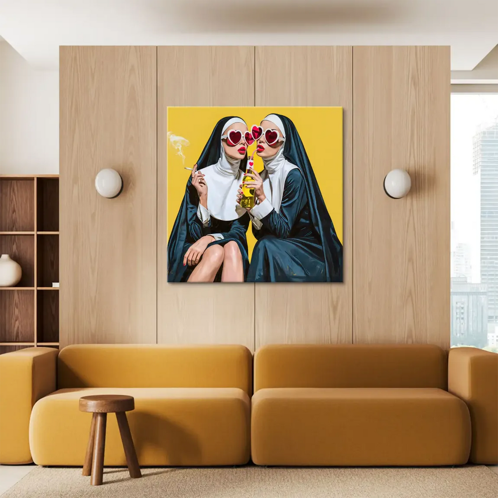 High-contrast Pop Art canvas featuring rebellious nuns for modern interiors