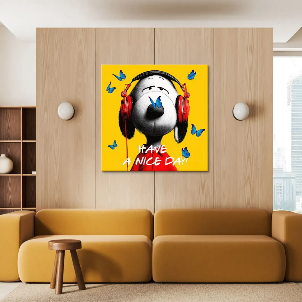 Snoopy wearing a red shirt with a blue butterfly perched on his nose