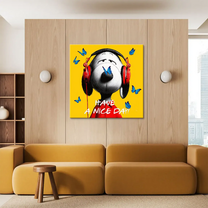 Snoopy wearing a red shirt with a blue butterfly perched on his nose