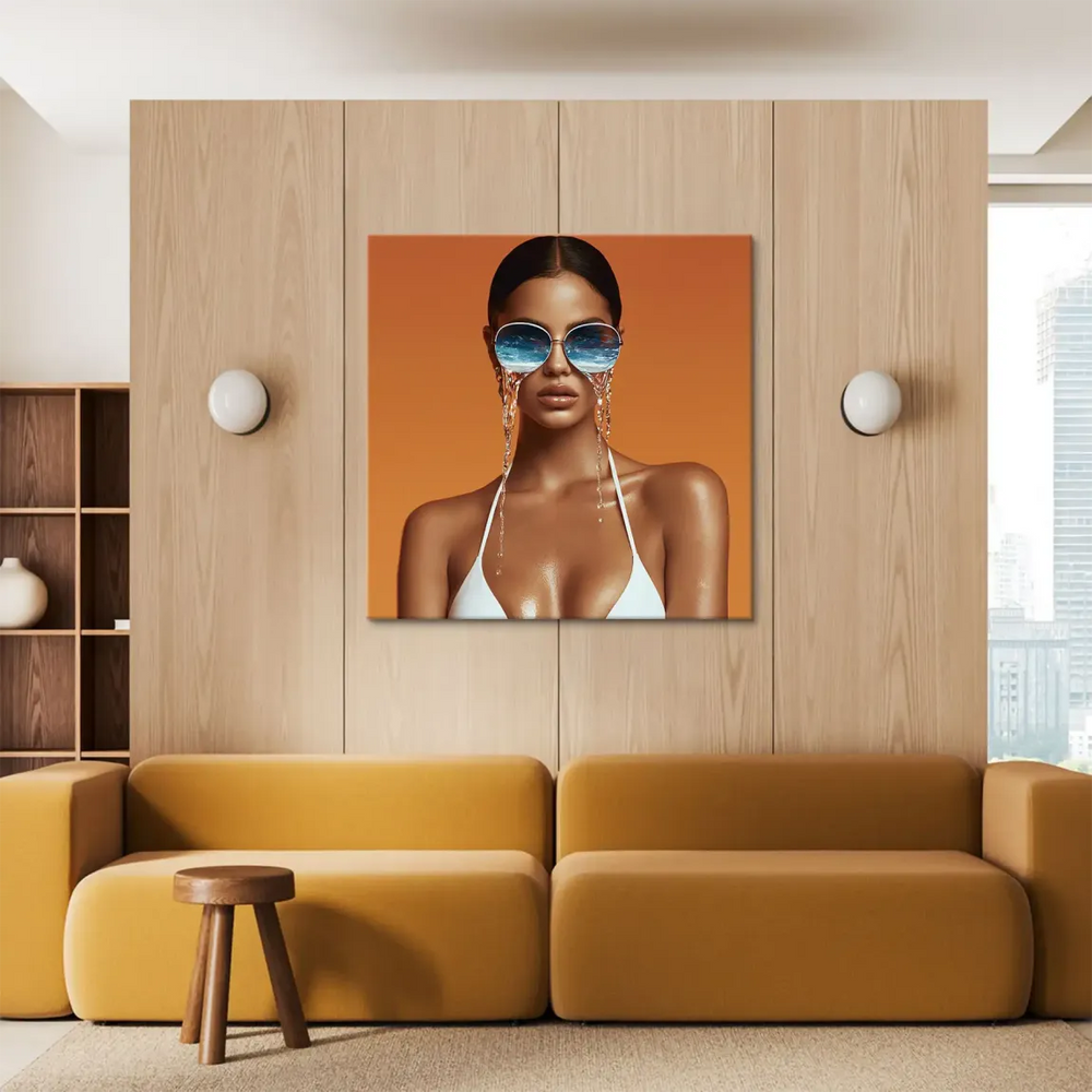 Warm orange background with bronzed skin and a white bikini top.