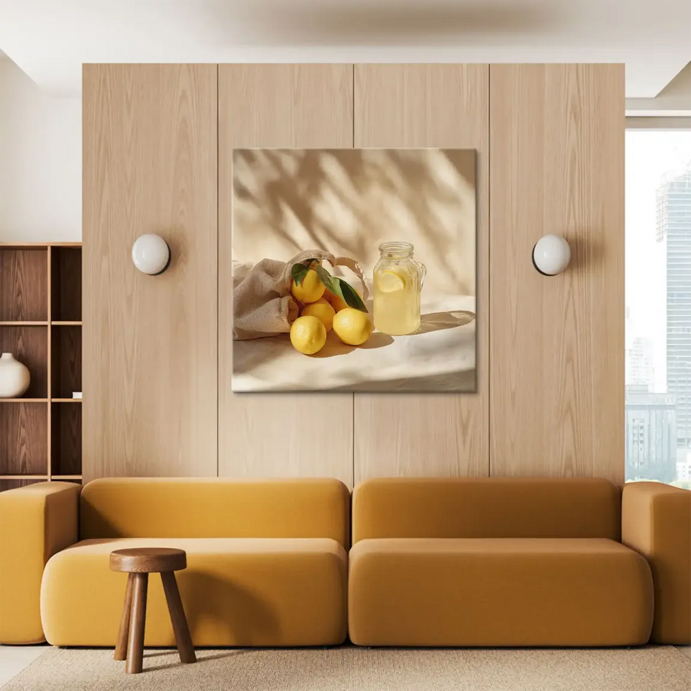 Warm sunlit still life scene with yellow lemons and green leaves