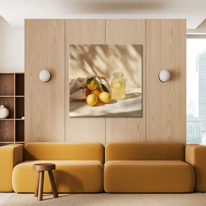 Warm sunlit still life scene with yellow lemons and green leaves