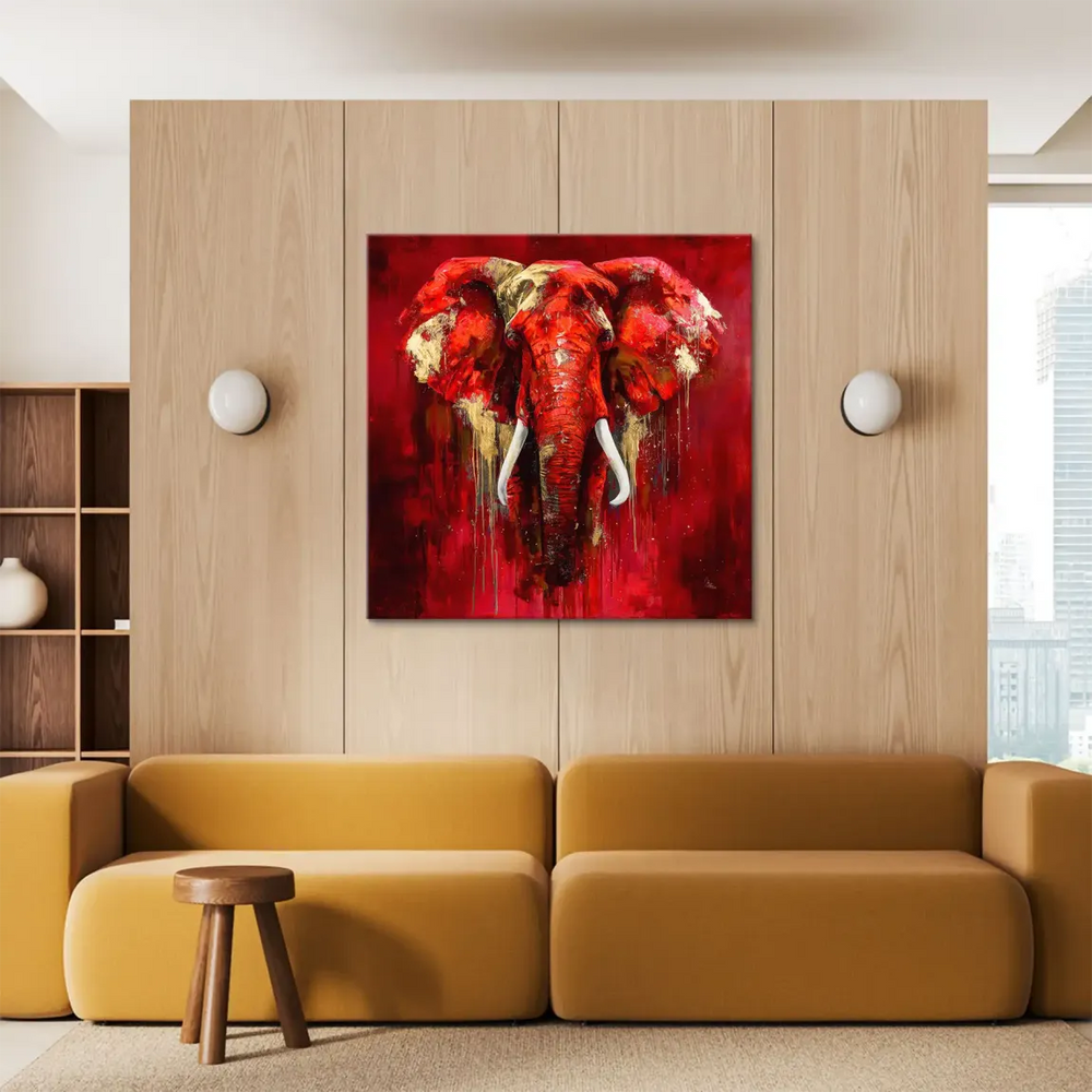 Crimson elephant artwork on canvas featuring gold highlights and dramatic drip effects