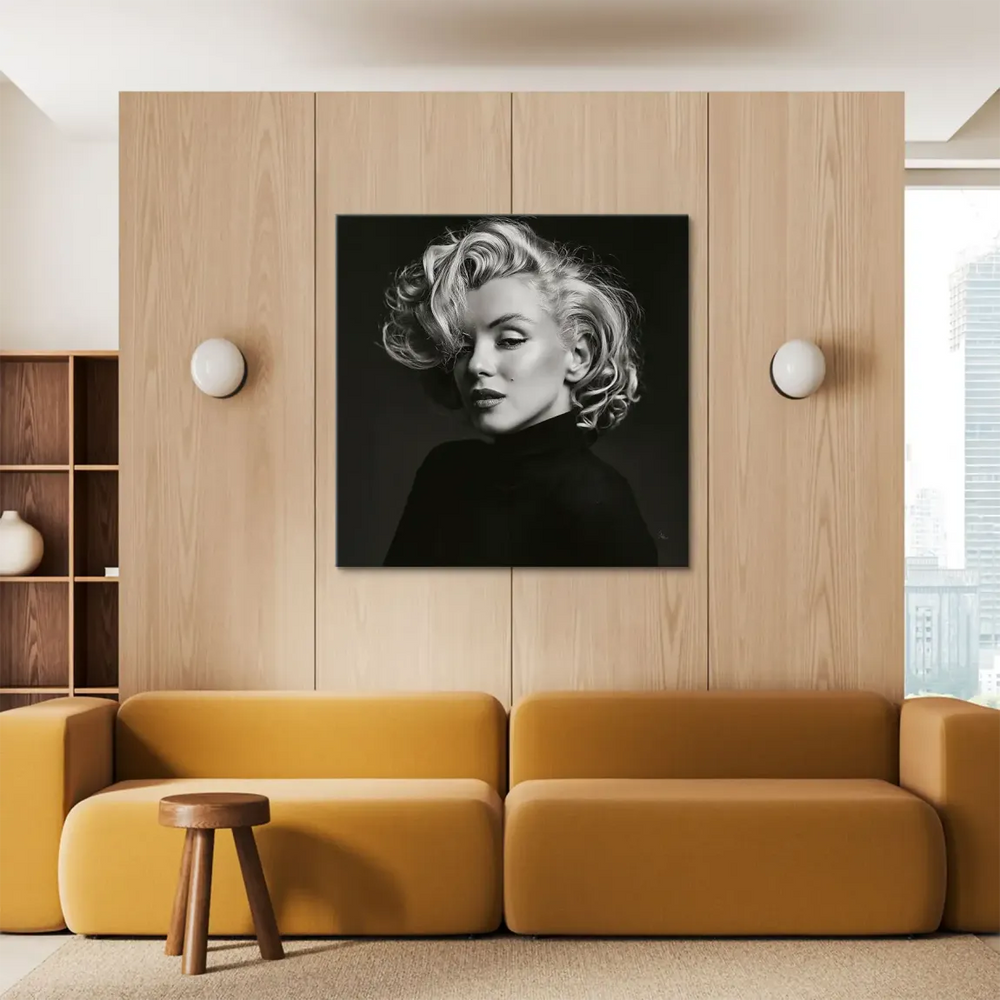 Close-up head-and-shoulders shot of Marilyn Monroe in high-contrast monochrome.
