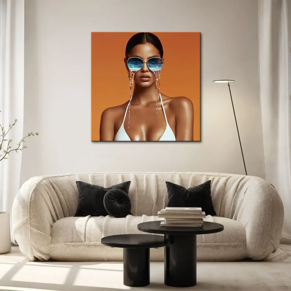 Sunglasses reflect deep blue ocean and white waves in a contemporary art style.
