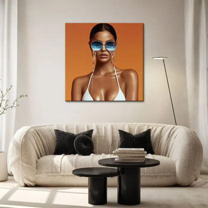 Sunglasses reflect deep blue ocean and white waves in a contemporary art style.