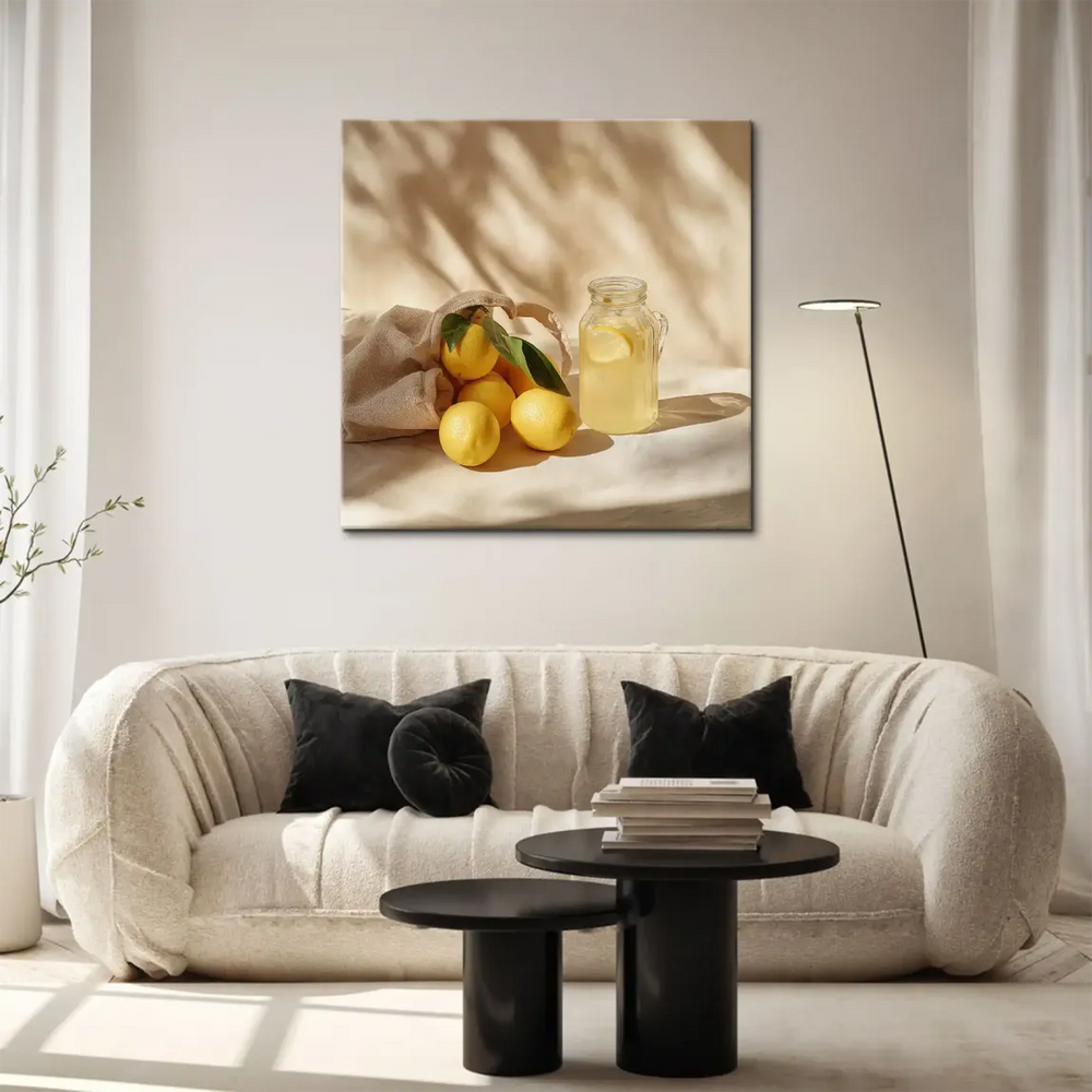 Glass of lemonade with lemon slice beside lemons