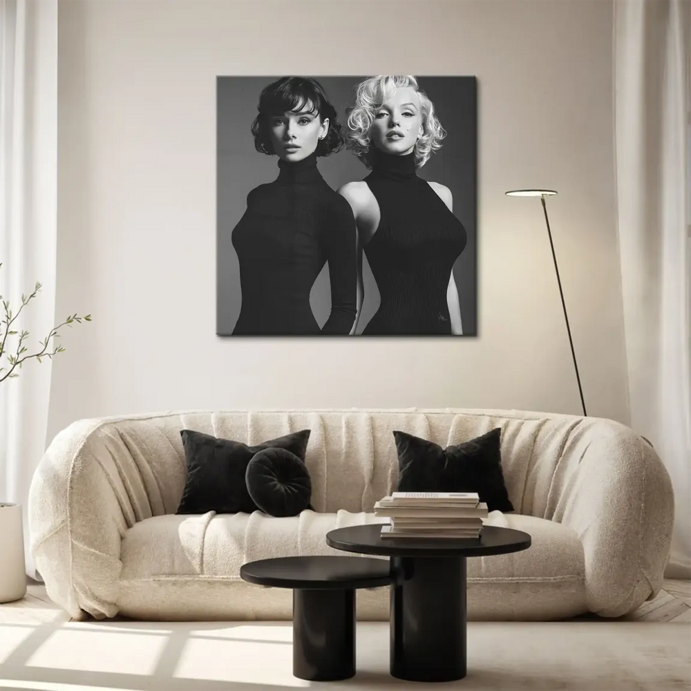Symmetrical grayscale portrait featuring two iconic film stars with confident gazes.