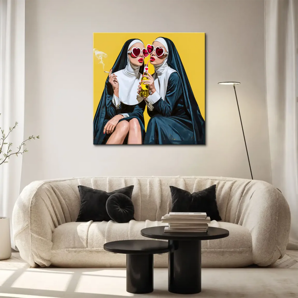 Nuns with red lipstick and nail polish in a bold art piece with a cigarette and a pink straw