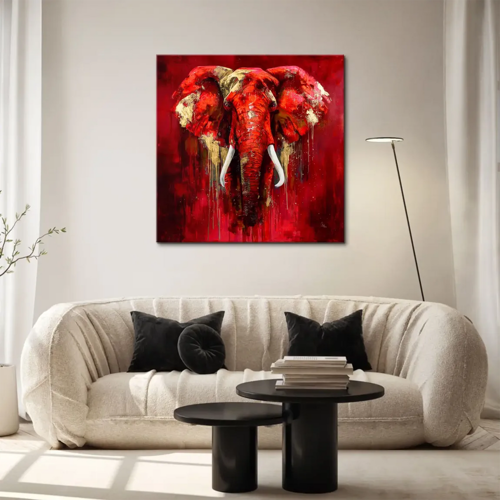 Front-facing elephant canvas art with white tusks and bold brushstrokes