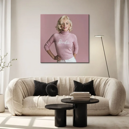 Vintage Hollywood-inspired canvas art: Marilyn Monroe Barbie in bright pink sweater