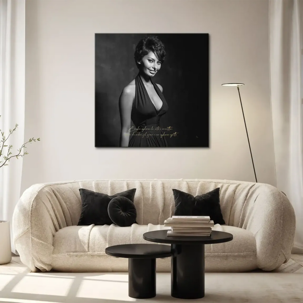 Close-up of Sophia Loren's confident gaze in a classic black-and-white portrait.