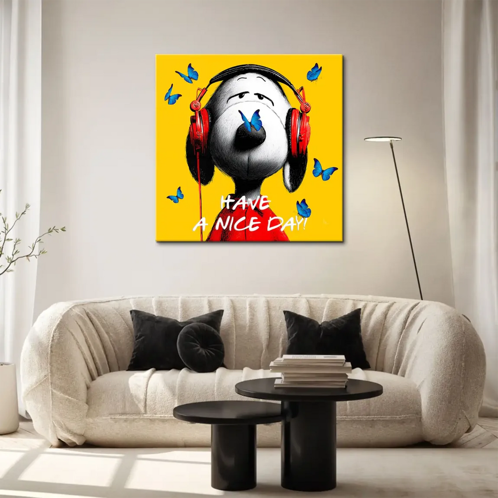 Pop-art Snoopy canvas print with Have a Nice Day slogan at the bottom