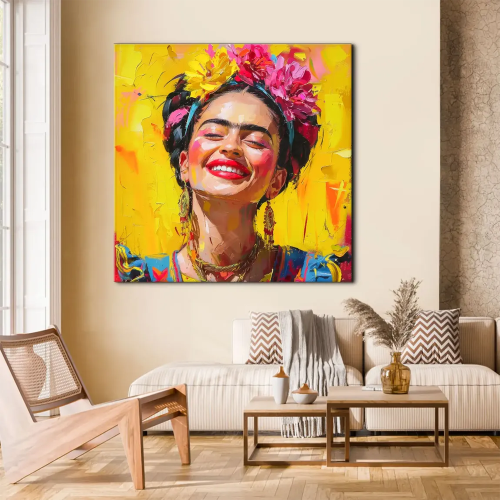 Expressionist style Frida Viva canvas portrait featuring traditional attire