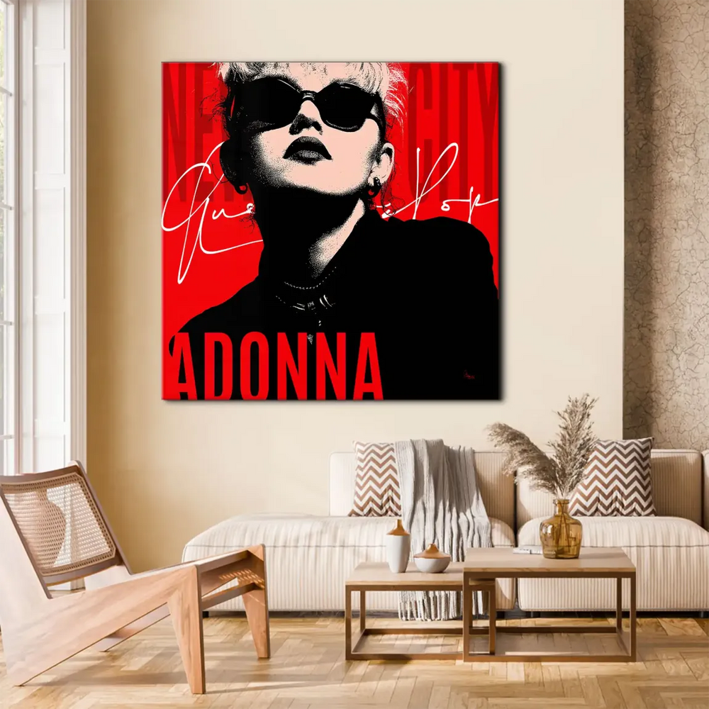 80s-inspired halftone portrait of Madonna as wall art for modern living rooms and music-themed interiors