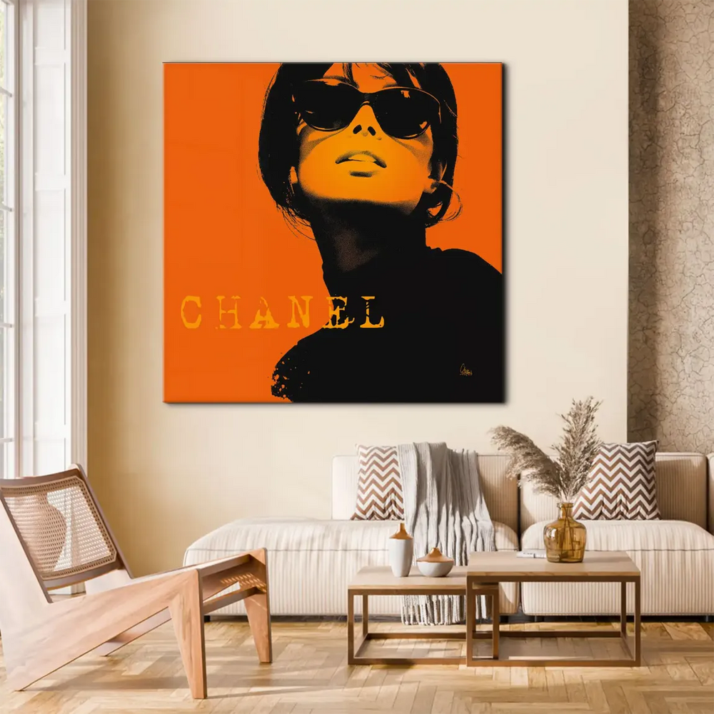 Warhol-inspired pop art portrait on a canvas wall decor piece.