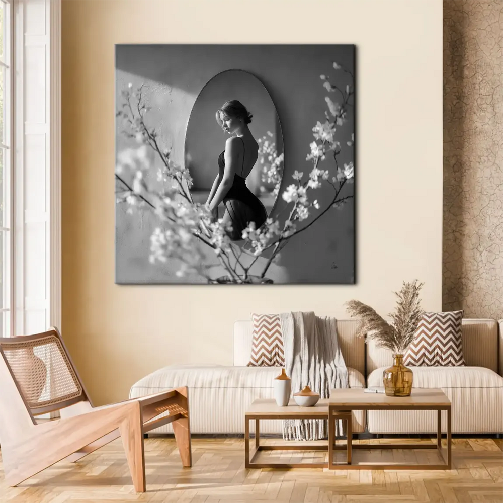 Monochrome velvet muse canvas art featuring dramatic chiaroscuro and a minimalist composition.