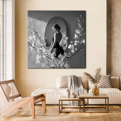 Monochrome velvet muse canvas art featuring dramatic chiaroscuro and a minimalist composition.