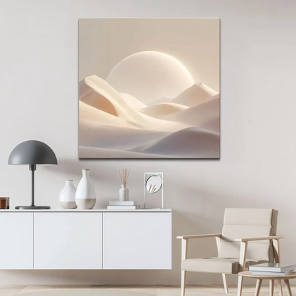 Soft peach and white dunes in Desert Light Canvas Print with a warm orb on the horizon.
