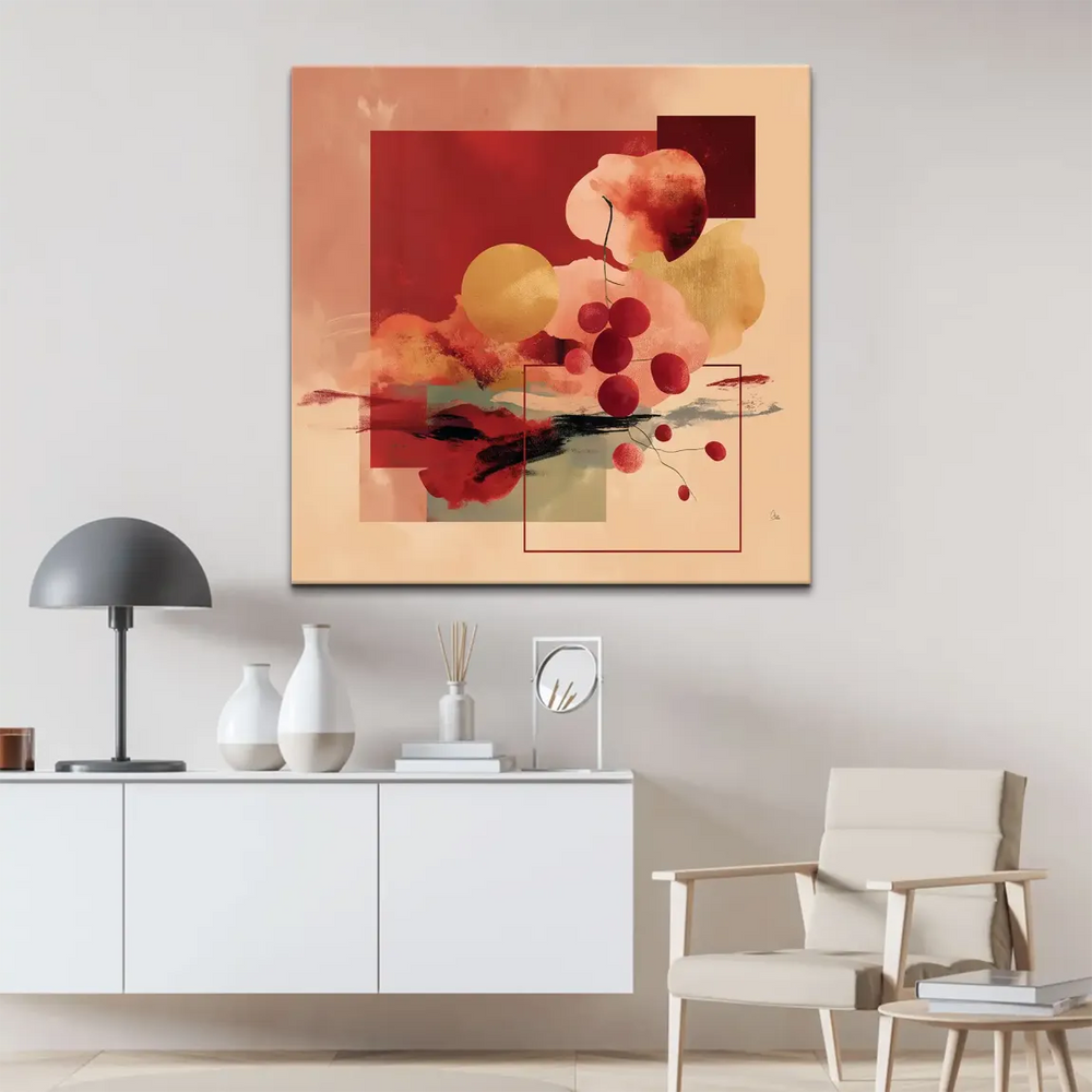 Contemporary wall art in deep reds, golden ochre, and peach tones