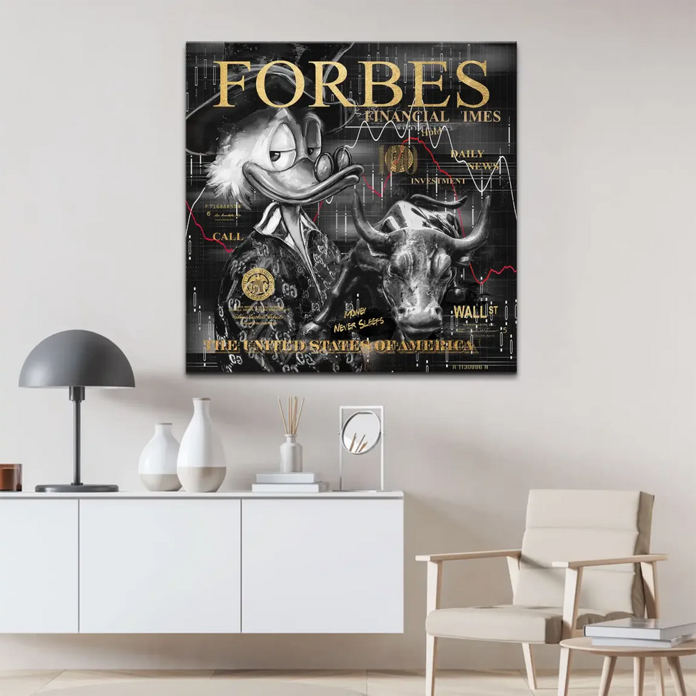 Urban pop graffiti style wall art featuring finance symbols and red graph lines
