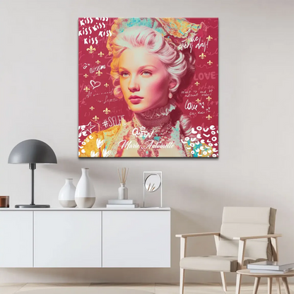 Portrait featuring white graffiti text like KISS KISS, LOVE, #SELFIE on a deep red canvas.