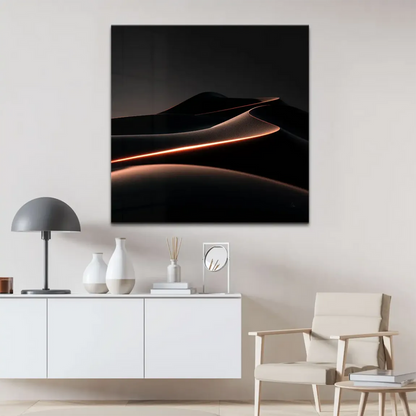 Monochrome dune abstraction on canvas with a striking orange-copper accent