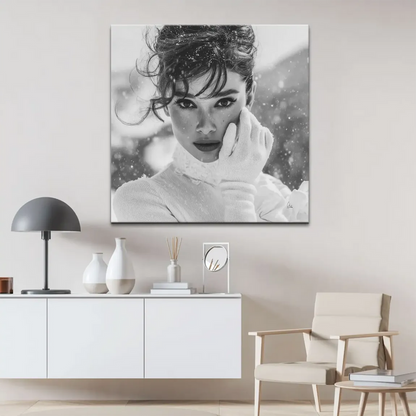 Elegant vintage glamour portrait with winter styling on canvas