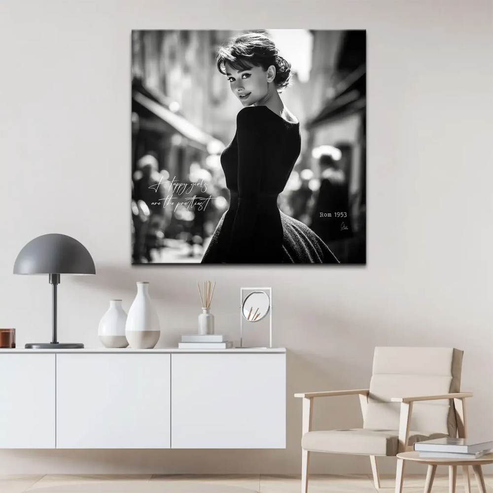 Monochrome Audrey Hepburn fashion portrait on canvas, elegant and timeless