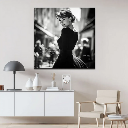 Monochrome Audrey Hepburn fashion portrait on canvas, elegant and timeless
