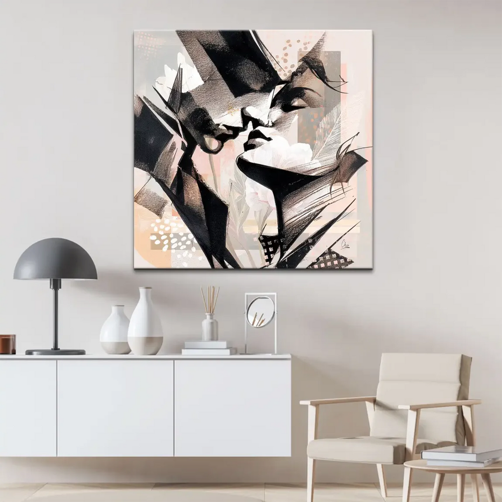 Geometric fragments form faces within the abstract composition.