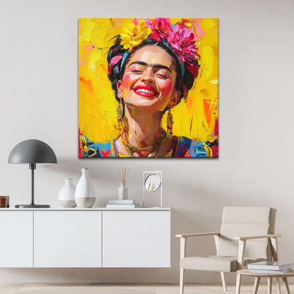 Vibrant Frida Kahlo inspired canvas portrait with bold brushstrokes