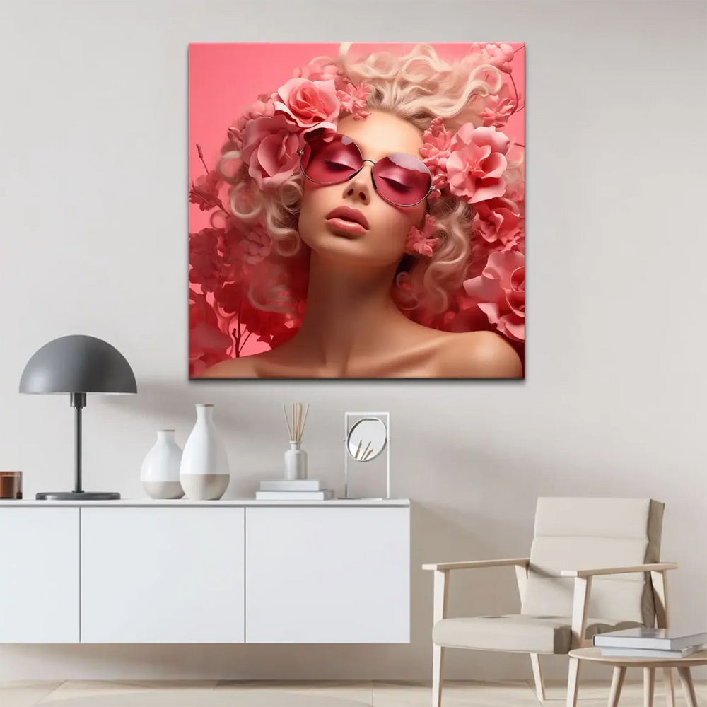 Soft pink background with a floral halo and a serene expression