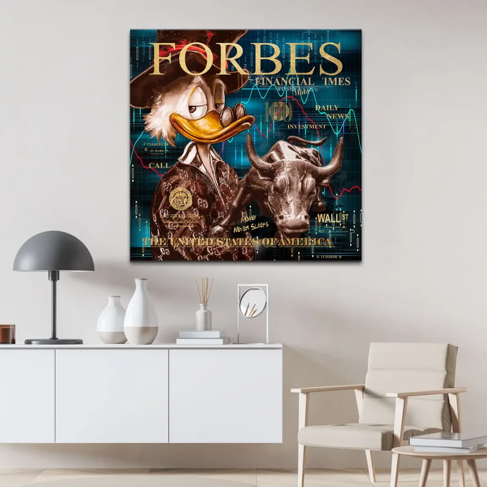 Luxurious blue and gold color scheme with finance-themed graphics suitable for modern office wall decor.