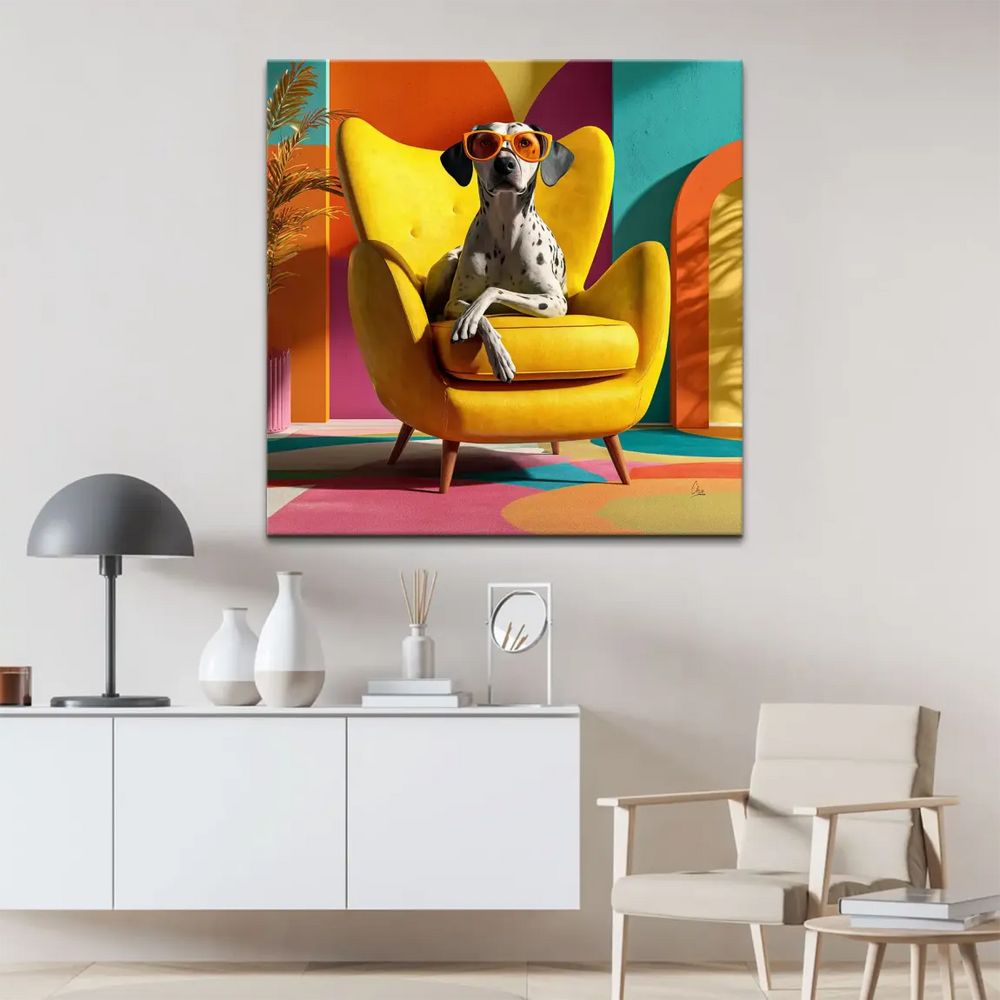 Vivid geometric backdrop and bold color palette in pop-art inspired wall art