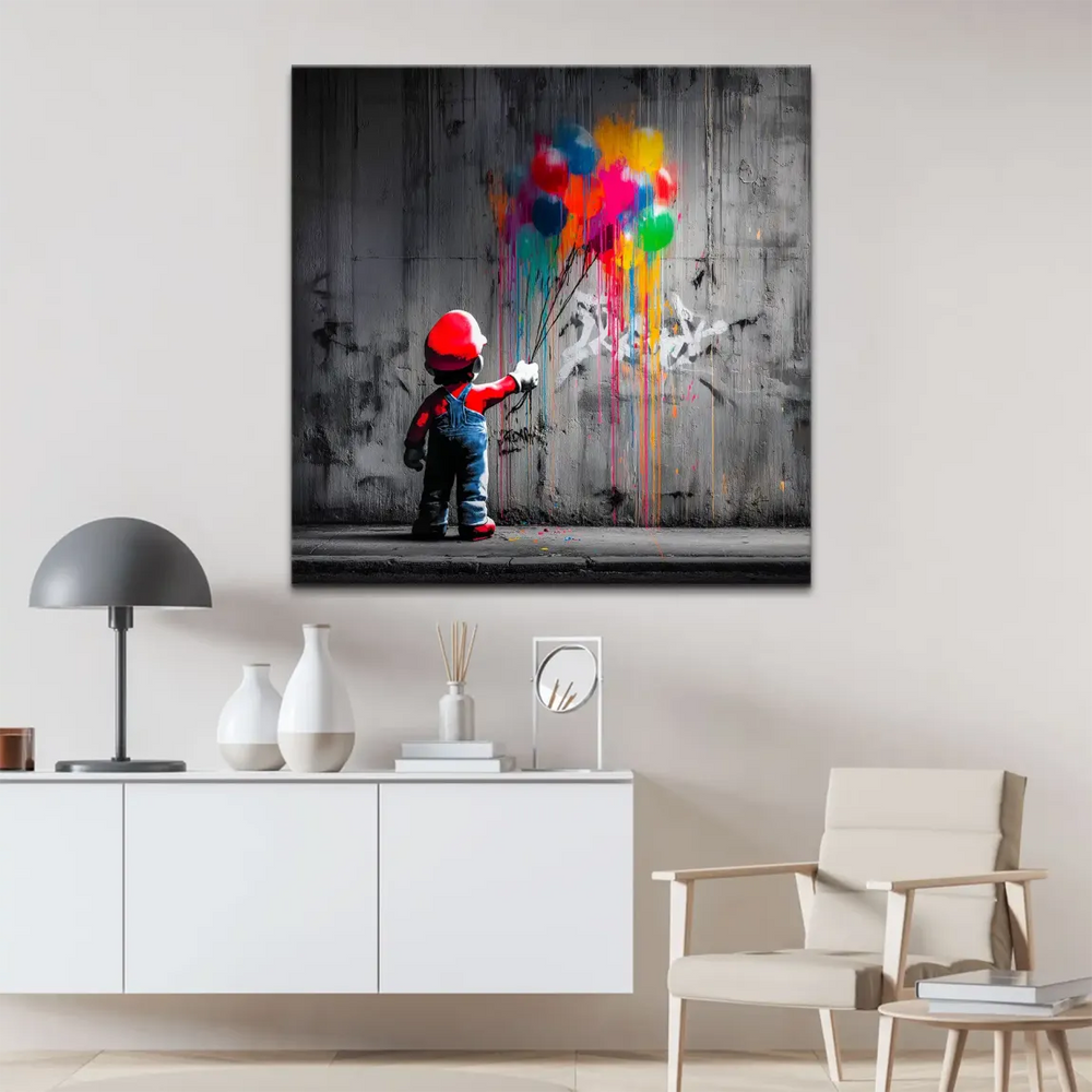 Close-up of bold paint drips in red, blue, yellow, green and pink on the wall behind Mario.