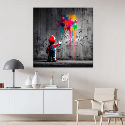 Close-up of bold paint drips in red, blue, yellow, green and pink on the wall behind Mario.
