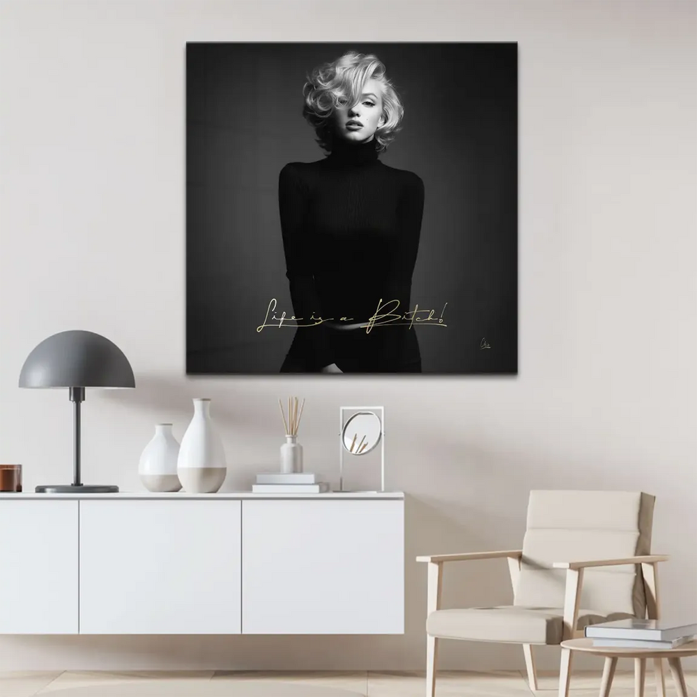 Iconic Marilyn Monroe wall art featuring a black turtleneck and blonde curls