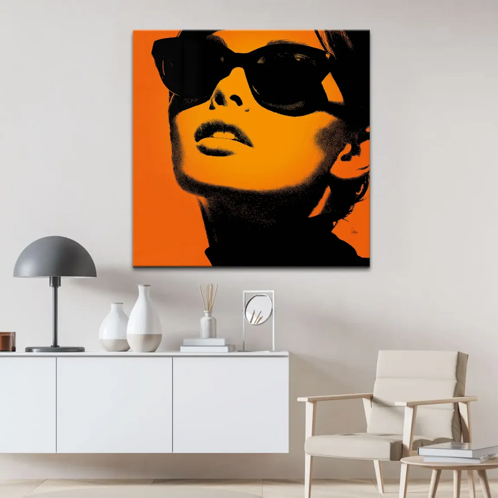 Retro glamour-inspired canvas showcasing a mid-century fashion portrait in high-contrast halftone.