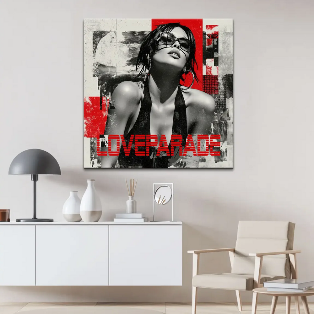 Bold urban pop art style wall art with distressed textures and geometric shapes